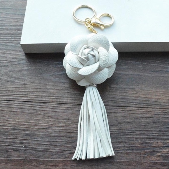 Accessories - Leather White Rose Keychain Pom Charm